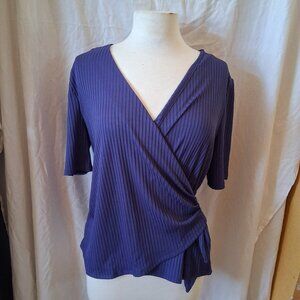 tahari womens navy blue Large wrap with tie on side blouse.